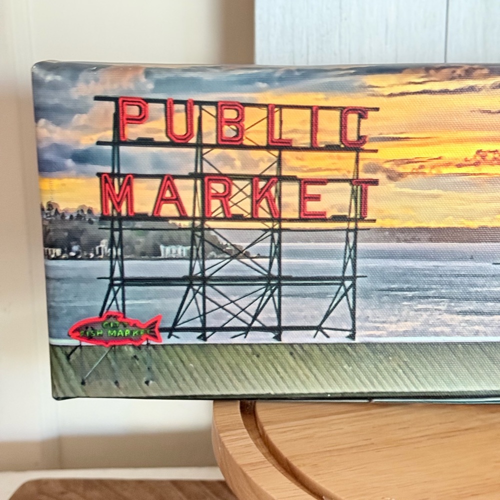 Seattle~Pikes Market Colorful Umbrella and Public Market Canvas Art Set/2 - Picture 7 of 10